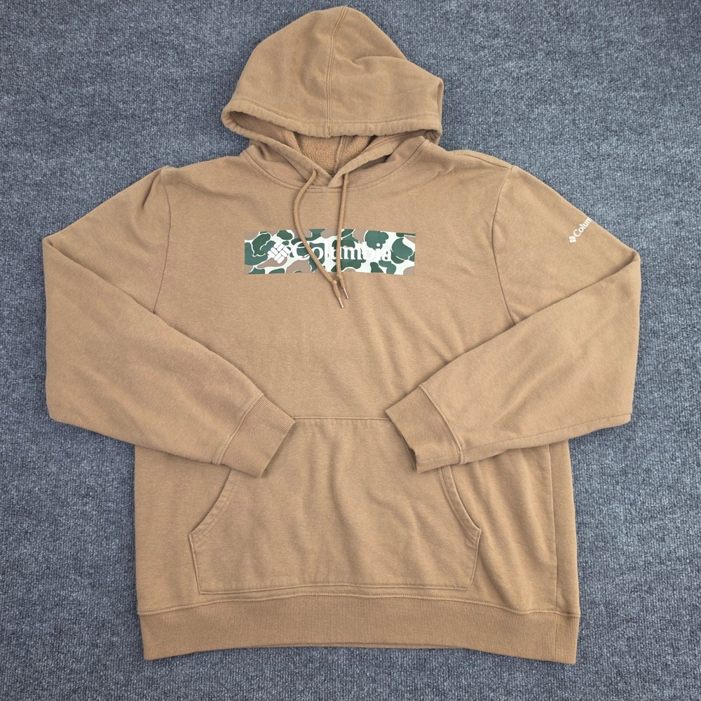 Columbia Camo Logo Hoodie Men's L Brown Graphic Sweatshirt Pullover Fleece